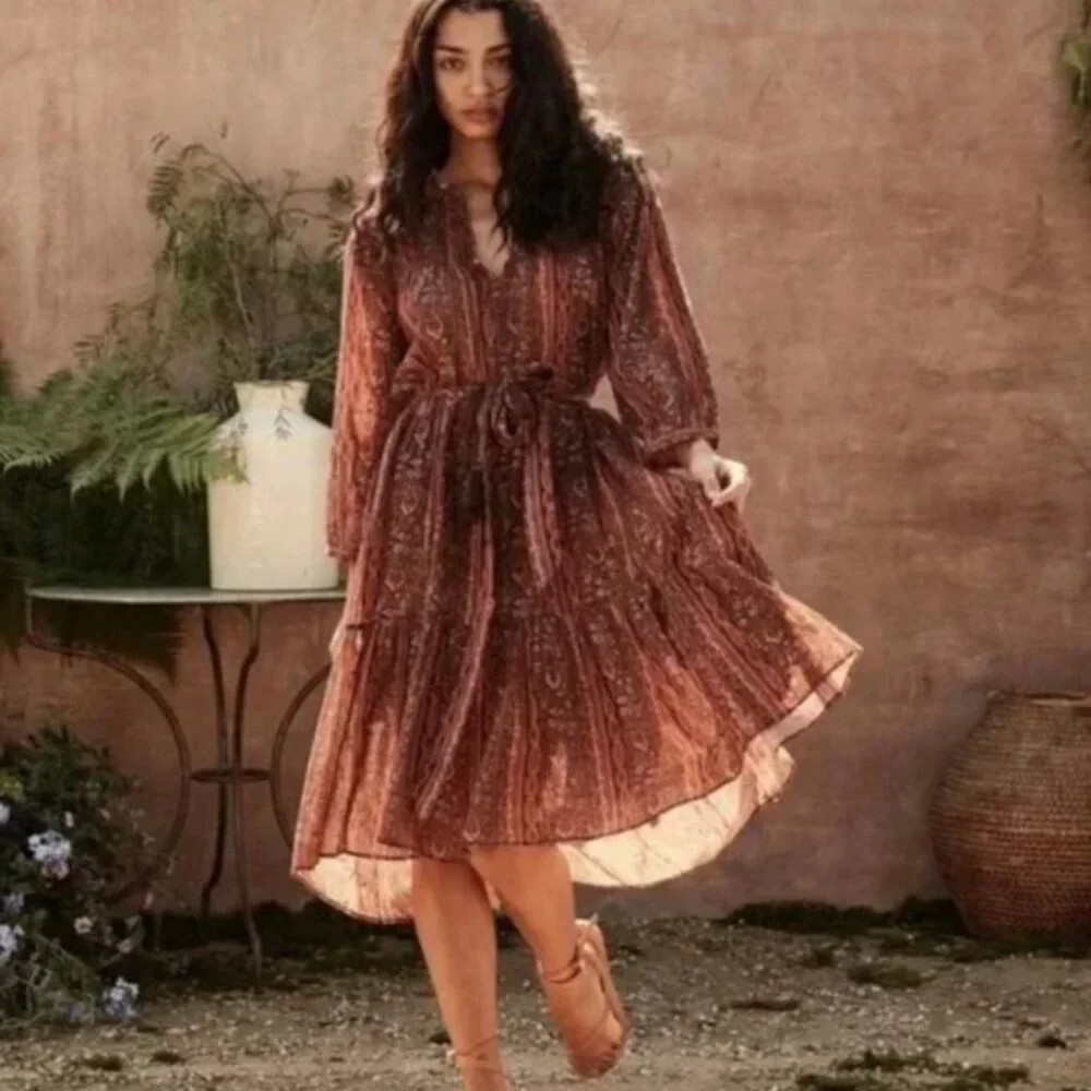 Doen Normandy Dress Earth Mandevilla Vine Floral Paisley L - Picture 2 of 16
